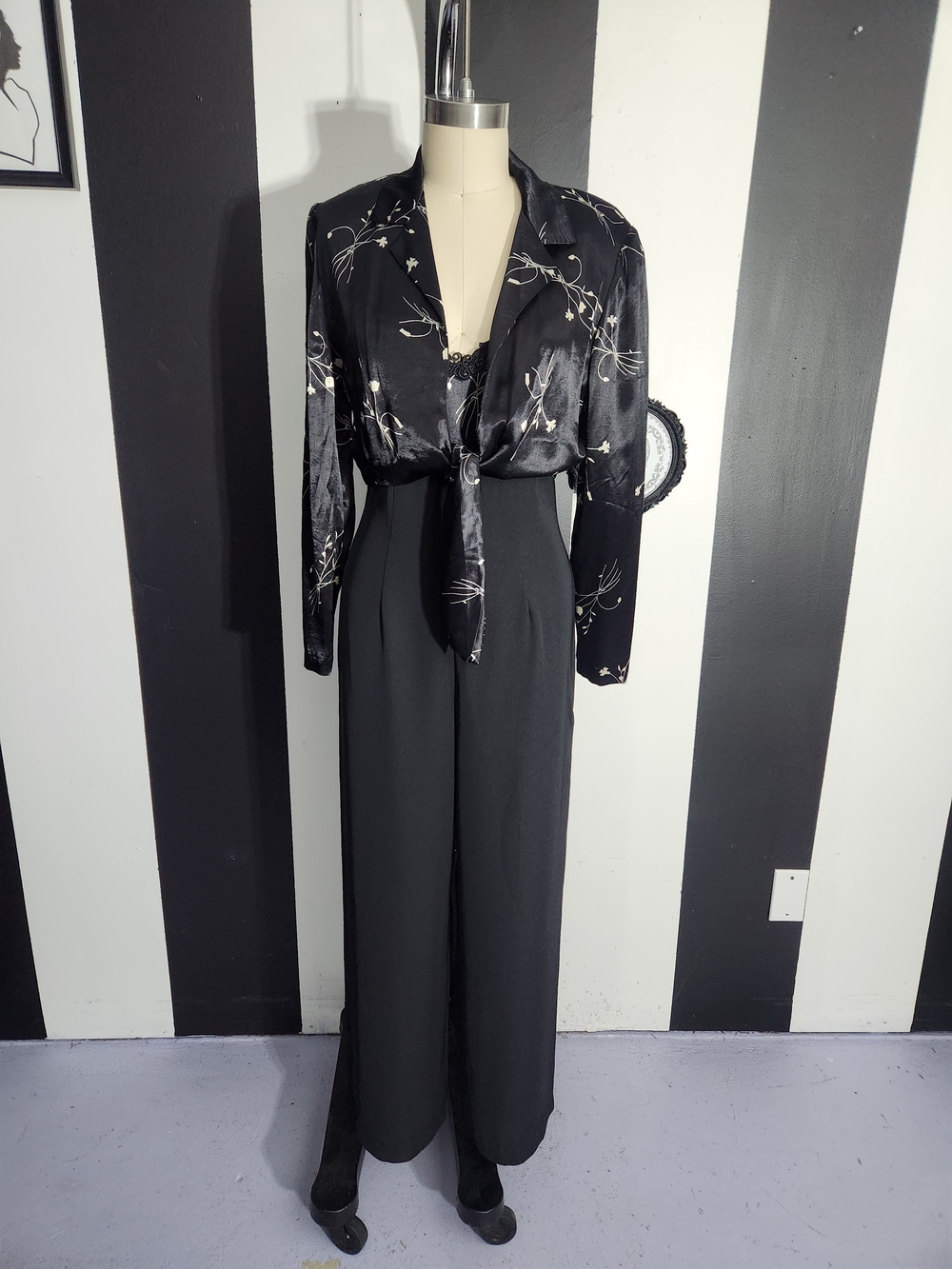 2 Piece Joseph Ribkoff Black Satin Printed Tie-Front Jumpsuit